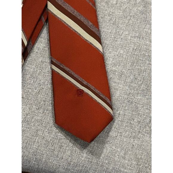 Vintage 70’s PIERRE CARDIN Rust Red Grey Cream Stripe Logo 100% Polyester Tie - Picture 2 of 7